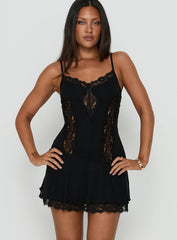 Rhiara Lace Trim Frill Mini Dress Black
