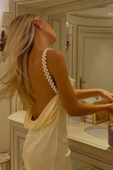 Gorgeous Sheath Spaghetti Straps Yellow Long Party Dress with Pearl Backless