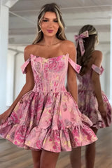 Elegant Off-Shoulder Pink Floral Brocade Homecoming Dress with Ruffled Skirt