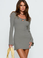 Lost Focus Long Sleeve Keyhole Mini Dress Black Stripe