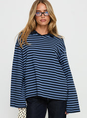 Settle Down Collared Long Sleeve Top Navy Stripe