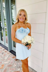 Cute Bodycon Strapless Mini Homecoming Dress with 3D Rosette Bodice Detail