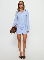 Well Versed Long Sleeve Ruched Shirt Mini Dress Blue