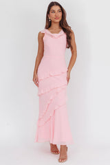 Sangria Cowl Neck Frill Maxi Dress Skin Powder