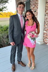 Hot Pink Floral Applique Square Neck Mini Homecoming Dress