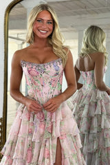 Floral Print Tiered Ruffle Prom Dress with Sparkle Corset Detail & Front Slit