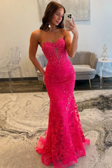 Fuchsia Strapless Sweetheart Prom Dress with Beaded Lace and Sheer V-Detail