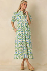 Fresh Fields Ivory Multi Cotton Floral Print Ruffle Neck Maxi Dress