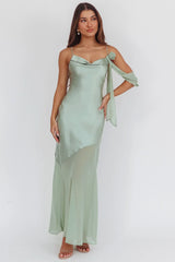 Gilded Dream Shoulder Detail Chiffon Hem Maxi Dress Sage