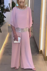 Sequins Patchwork Bat Sleeve Tops Pants Suits