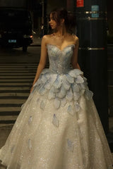 Princess A Line Sweetheart Light Blue Long Prom Dress with Beading