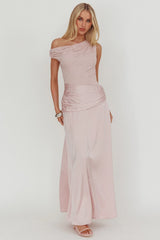 Diana Asymmetric Shoulder Pleat Waist Maxi Dress Blush