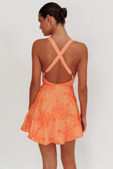 Lavalle Criss-Cross Floral Embellished Mini Dress Orange