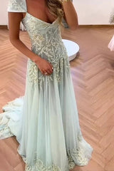 Gorgeous A Line Sweetheart Light Green Long Prom Dress with Appliques