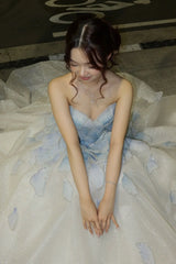 Princess A Line Sweetheart Light Blue Long Prom Dress with Beading