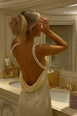 Gorgeous Sheath Spaghetti Straps Yellow Long Party Dress with Pearl Backless