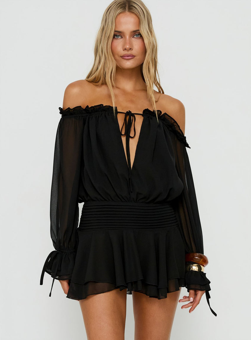 Felicita Off Shoulder Long Sleeve Chiffon Mini Dress Black