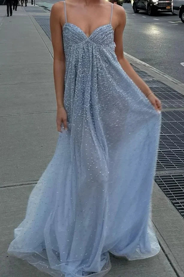 Bling A Line Spaghetti Straps Grey Blue Long Party Dress with Beading