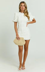 Laila Mini Linen Blend Dress - High Neck Side Cut Out Puff Sleeve Straight Dress in Off White