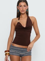 Yazmeen Cowl Neck Hardware Detail Top Chocolate