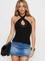 Glorious Studded Twist Neck Top Black