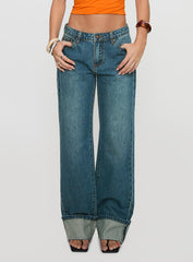 Toros Mid Rise Wide Leg Foldover Denim Jeans Mid Blue