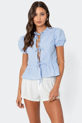 Puffed Sleeve Tie Front Top