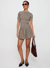 Laurita Shirred Mini Dress Brown Check