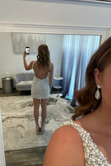 White Pearl Embellished Mini Homecoming Dress with Deep V-Neckline