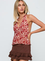 Two Ghosts Low Back Halter Top Red Floral