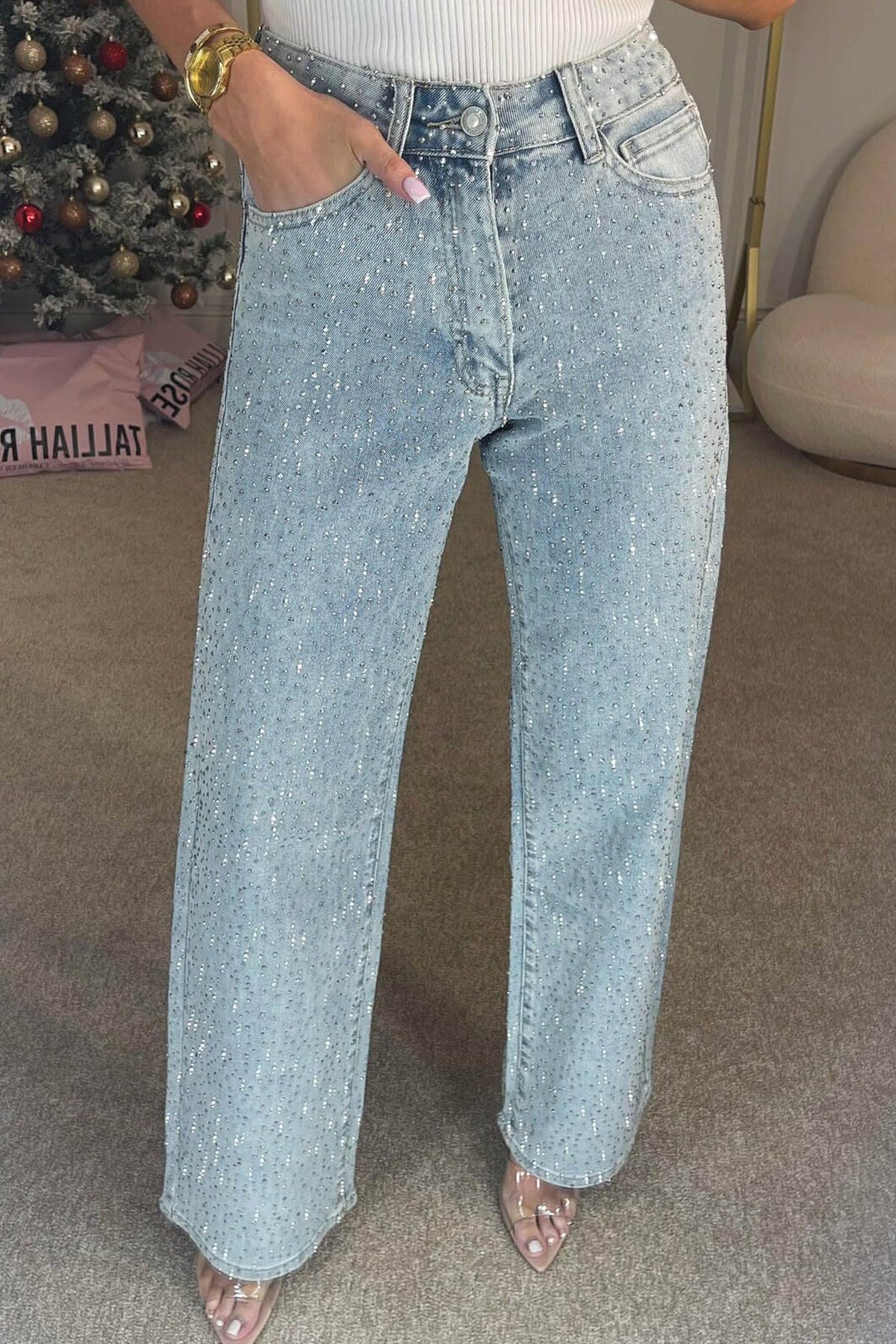 Rhinestone High Rise Straight Jeans
