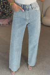 Rhinestone High Rise Straight Jeans