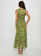 Stefanya Gathered Maxi Dress Green Floral