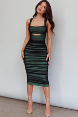 Move Maker Cut-Out Ruched Midi Dress Green/Black
