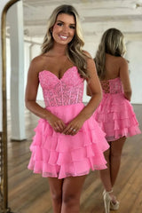 Charming A-Line Sweetheart Lace Top Short Tiered Chiffon Homecoming Dress