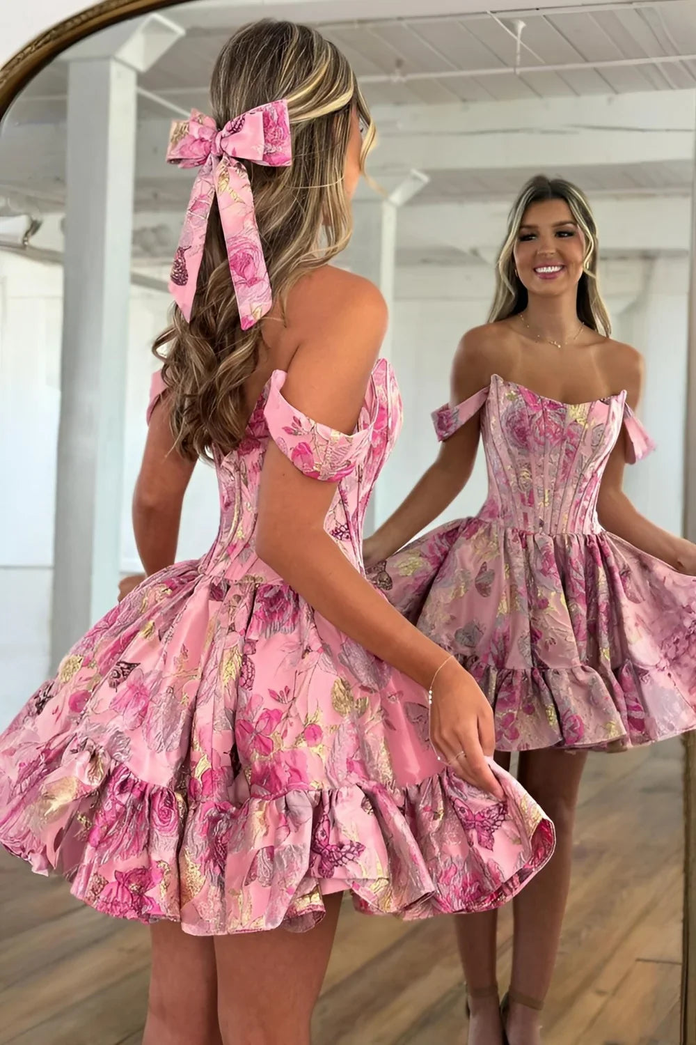 Elegant Off-Shoulder Pink Floral Brocade Homecoming Dress with Ruffled Skirt