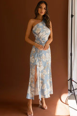 Casa Del Mar One-Shoulder Ruched Midi Dress Floral Blue