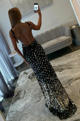 Luxury Black Beaded Mermaid Prom Gown with Plunging Neckline & Slit