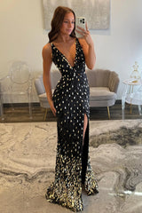 Luxury Black Beaded Mermaid Prom Gown with Plunging Neckline & Slit