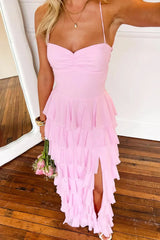 Pink Ruffle Tiered Spaghetti Straps Lace-Up Back Prom Dress with Slit