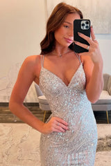 Silver Sequin Spaghetti Strap Mermaid Slit Prom Dress with Crisscross Lace-Up Back