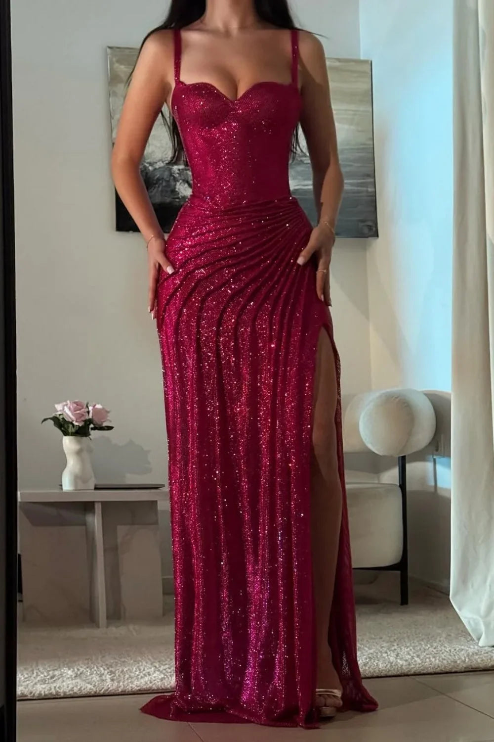 Dark Red Glitter Bodycon Homecoming Dress with Sweetheart Neck Spaghetti Straps Ruched Side Slit