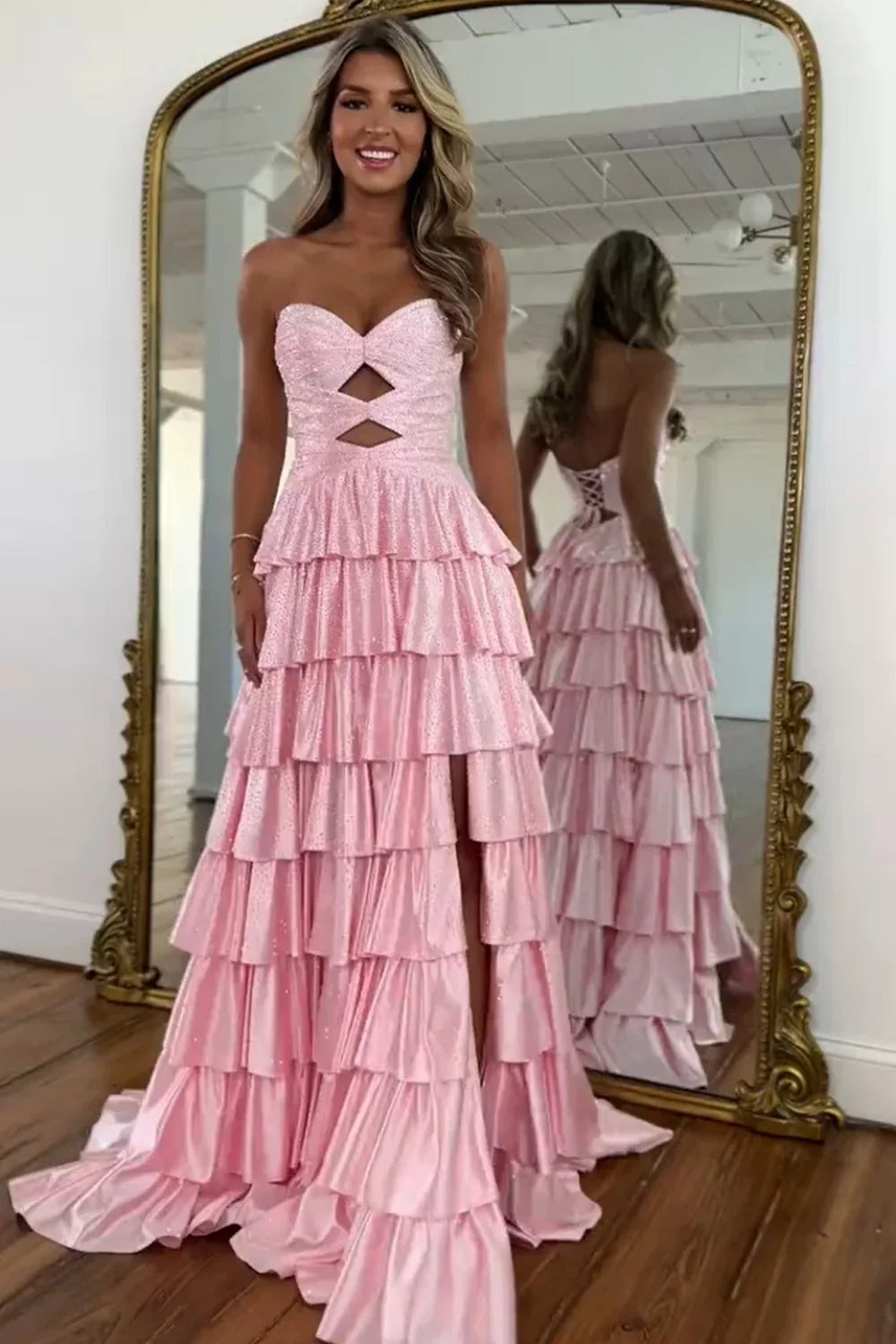 Strapless Hot A-Line Prom Dress with Keyhole Bodice Ruffle Skirt Slit and Lace Up Back