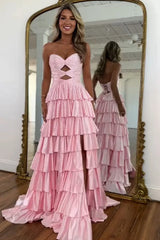 Strapless Hot A-Line Prom Dress with Keyhole Bodice Ruffle Skirt Slit and Lace Up Back