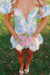 Trendy A Line Sweetheart Blue Printed Short Homecoming Dress with Bowknot